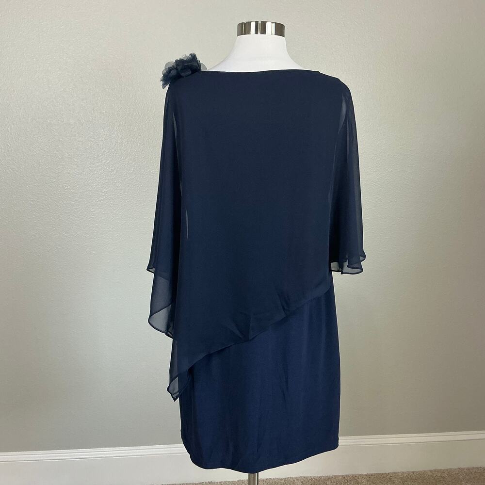 XSCAPE Chiffon Overlay Knit Sheath Embellished Cocktail Dress Navy Blue Size 10 - Picture 7 of 12